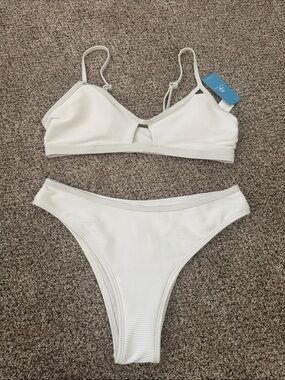 Cupshe White Ribbed Bikini Set S